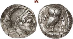 MÜNZEN DER ANTIKEN WELT AUS VERSCHIEDENEM BESITZ GRIECHISCHE MÜNZEN. ATTICA. ATHEN AR-Tetradrachme, 500/480 v. Chr.; 16,80 g. Athenakopf r. mit attischem Helm//In Incusum: Eule steht r., dahinter Oliv