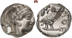 MÜNZEN DER ANTIKEN WELT AUS VERSCHIEDENEM BESITZ GRIECHISCHE MÜNZEN. ATTICA. ATHEN AR-Tetradrachme, um 420/405 v. Chr.; 17,15 g. Athenakopf r. mit attischem Helm//In Incusum: Eule r., dahinter Olivenz