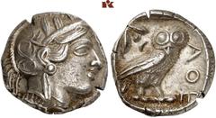 MÜNZEN DER ANTIKEN WELT AUS VERSCHIEDENEM BESITZ GRIECHISCHE MÜNZEN. ATTICA. ATHEN AR-Tetradrachme, um 420/405 v. Chr.; 17,10 g. Athenakopf r. mit attischem Helm//In Incusum: Eule r., dahinter Olivenz