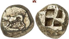 MÜNZEN DER ANTIKEN WELT AUS VERSCHIEDENEM BESITZ GRIECHISCHE MÜNZEN. MYSIA. KYZIKOS El-Stater, 500/450 v. Chr.; 16,11 g. Hund l., unten Thunfisch//Viergeteiltes Incusum. SNG France 230; v. Fritze 93. 