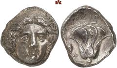 MÜNZEN DER ANTIKEN WELT AUS VERSCHIEDENEM BESITZ GRIECHISCHE MÜNZEN. CARIA. RHODOS AR-Tetradrachme, 404/385 v. Chr.; 14,71 g. Helioskopf fast v. v.//Rose, l. Φ, r. Plektron (?). Ashton u. a., The Heca