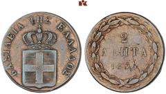 EUROPÄISCHE MÜNZEN UND MEDAILLEN GRIECHENLAND. Otto I., 1832-1862 Ku.-2 Lepta 1836, Athen. 3,07 g. Divo 25 d; Karamitsos 42. R Min. berieben, sehr schön
