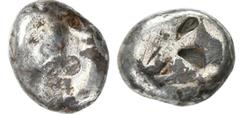 GREEK COINS AEGINA AEGINA. AR-Stater, 525/475 v. Chr.; 10,98 g. Seeschildkröte//Vielfach geteiltes Incusum. Hoover vergl. 430 ff. Avers dezentriert, gering erhalten