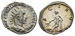 ROMAN COINS MÜNZEN DER RÖMISCHEN KAISERZEIT Aemilianus, 253. AR-Antoninian, Rom; 3,15 g. Drapierte Büste r. mit Strahlenbinde//Pax steht l. mit Zweig und Zepter an Säule gelehnt. Coh. 26; RIC 8. R Fei