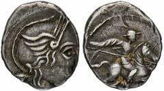 CELTIC COINS GALLIA ALLOBROGES. AR-Quinar, 1. Jahrhundert v. Chr.; 1,96 g. Romakopf r. mit Helm//Reiter r. mit Lanze. Delestrée/Tache 3132 ff. Dezentriert, sehr schön Die exakte Zuweisung ist aufgrund