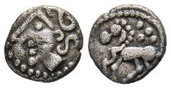 CELTIC COINS GALLIA TREVERI. AR-Quinar, 120/85 v. Chr.; 1,96 g. Kopf l.//Pferd l. Delestrée/Tache 199. Kl. Kratzer, sehr schön Exemplar Sammlung Cologny, Webauction Obolos 1, Zürich 2015, Nr. 85.