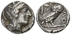 GREEK COINS ATTICA ATHEN. AR-Tetradrachme, um 420/405 v. Chr.; 16,62 g. Athenakopf r. mit attischem Helm//In Incusum: Eule r., dahinter Olivenzweig und Mondsichel. Flament Gruppe III. Min. korrodiert,