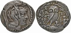 GREEK COINS ATTICA ATHEN. AR-Tetradrachme, Metageitnion (= August/September) 100 v. Chr.; 16,47 g. Athenakopf r. mit attischem Helm//In Kranz: Eule auf Amphore mit Β v. v., r. steht Tyche l. Thompson 