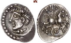 KELTISCHE MÜNZEN GALLIA. AEDUI. Diasulos. AR-Quinar, 1. Jahrhundert v. Chr.; 1,95 g. Kopf l.//Pferd r. Delestrée/Tache 3220. Feine Patina, vorzüglich Aus der Sammlung eines Ingenieurs. Exemplar der Au