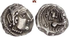 KELTISCHE MÜNZEN GALLIA. LEMOVICES. AR-Quinar, 2./1. Jahrhundert v. Chr.; 2,20 g. Kopf r.//Pferd r., darüber Kopf r., unten Perlkreis mit Zentralpunkt. Delestrée/Tache 3414. Selten in dieser Erhaltung