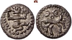 KELTISCHE MÜNZEN GERMANIA. ANONYM. AR-Quinar, 65/40 v. Chr.; 1,61 g. "Tanzendes Männlein" mit Torques und Schlange//Pferd r., Kopf zurückgewandt. Schulze-Forster Gruppe II A; Slg. Flesche 408 var. Gut