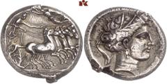 GRIECHISCHE MÜNZEN SICILIA. PUNIER. AR-Tetradrachme, 350/330 v. Chr., Rasch Melqart (= Kephaloidion?); 17,24 g. Quadriga r., Nike bekränzt Lenker//Weiblicher Kopf r., von drei Delphinen umgeben. CNP 3