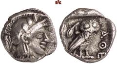 GRIECHISCHE MÜNZEN ATTICA. ATHEN. AR-Obol, 454/404 v. Chr.; 0,64 g. Athenakopf r. mit attischem Helm//In Incusum: Eule r., dahinter Olivenzweig. SNG München 77 ff. Sehr schön Exemplar der Auktion Peus