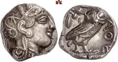 GRIECHISCHE MÜNZEN ATTICA. ATHEN. AR-Tetradrachme, um 420/405 v. Chr.; 17,13 g. Athenakopf r. mit attischem Helm//In Incusum: Eule r., dahinter Olivenzweig und Mondsichel. Flament Gruppe III. Feine Tö
