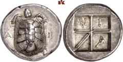 GRIECHISCHE MÜNZEN AEGINA. AEGINA. AR-Stater, 350/338 v. Chr.; 12,31 g. Landschildkröte zwischen A-I//Fünffach geteiltes Incusum, darin N-Ι und Delphin. Franke/Hirmer 338 (dies Exemplar); Hoover -; Mi