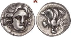 GRIECHISCHE MÜNZEN CARIA. RHODOS. AR-Didrachme, 305/275 v. Chr.; 6,67 g. Helioskopf fast v. v., l. Gegenstempel: Bukranion// Rose zwischen ΕY, l. Weintraube. Ashton, The Coinage of Rhodes 158; SNG Kec