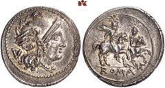 RÖMISCHE MÜNZEN MÜNZEN DER RÖMISCHEN REPUBLIK. AR-Quinar, 211/210 v. Chr., apulische Münzstätte, anonym; 2,18 g. Romakopf r. mit geflügeltem Helm, dahinter V//Dioskuren reiten r. BMC 229 var.; Crawf. 