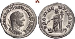 RÖMISCHE MÜNZEN MÜNZEN DER RÖMISCHEN KAISERZEIT. Gordianus II. Africanus, 238. AR-Denar, Rom; 2,94 g. Drapierte Büste r. mit Lorbeerkranz// Providentia steht l. mit Stab und Füllhorn an Säule gelehnt,