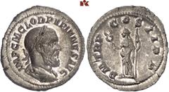 RÖMISCHE MÜNZEN MÜNZEN DER RÖMISCHEN KAISERZEIT. Pupienus, 238. AR-Denar, Rom; 3,05 g. Drapierte Büste r. mit Lorbeerkranz//Felicitas steht l. mit Caduceus und Zepter. BMC 52; Coh. 26; RIC 6. Vorzügli