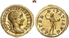 RÖMISCHE MÜNZEN MÜNZEN DER RÖMISCHEN KAISERZEIT. Gordianus III., 238-244. AV-Aureus, 241/243, Rom; 4,73 g. Drapierte Büste r. mit Lorbeerkranz//Sol steht v. v. mit erhobener Rechten und Globus. Calicó