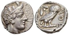 GREEK COINS ATTICA ATHEN. AR-Tetradrachme, um 420/405 v. Chr.; 17,06 g. Athenakopf r. mit attischem Helm//In Incusum: Eule r., dahinter Olivenzweig und Mondsichel. Flament Gruppe III. Sehr schön