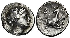 GREEK COINS IONIA EPHESOS. AR-Didrachme, 258/202 v. Chr., Magistrat Dionysios; 5,73 g. Artemiskopf r. mit Stephane, über der Schulter Bogen und Köcher//Hirschprotome r., Kopf zurückgewandt, r. Biene. 