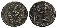 ROMAN COINS MÜNZEN DER RÖMISCHEN REPUBLIK AR-Quinar, 97 v. Chr., Rom, C. Egnatuleius; 1,76 g. Apollokopf r. mit Lorbeerkranz, unten Q//Victoria l. schreibt auf den Schild an einer Trophäe, unten Q. Ba