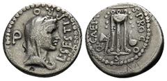 ROMAN COINS IMPERATORISCHE PRÄGUNGEN M. Iunius Brutus. AR-Denar, 42 v. Chr., kleinasiatische Münzstätte, L. Sestius Quirinalis; 3,60 g. Libertaskopf r. mit Schleier//Dreifuß zwischen Axt und Simpulum.