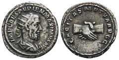 ROMAN COINS MÜNZEN DER RÖMISCHEN KAISERZEIT Pupienus, 238. AR-Antoninian, Rom; 4,55 g. Drapierte Büste r. mit Strahlenbinde//Handschlag. BMC 87; Coh. 3; RIC 10 b. Subaerat, sehr schön
