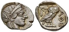 GREEK COINS ATTICA ATHEN. AR-Tetradrachme, um 440/420 v. Chr.; 17,22 g. Athenakopf r. mit attischem Helm//In Incusum: Eule r., dahinter Olivenzweig und Mondsichel. Flament Gruppe II. Unregelmäßiger Sc