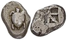 GREEK COINS AEGINA AEGINA. AR-Stater, 525/475 v. Chr.; 12,25 g. Seeschildkröte//Fünffach geteiltes Incusum. Hoover 434; SNG Delepierre vergl. 1722. Unregelmäßiger Schrötling, kl. Kratzer und Schürfspu