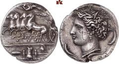 GRIECHISCHE MÜNZEN SICILIA. SYRAKUS. Hier geht's zur Video-Besichtigung AR-Dekadrachme, 400/370 v. Chr., signiert von Euainetos; 42,70 g. Quadriga im Galopp l., der Lenker, von fliegender Nike bekränz