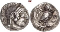 GRIECHISCHE MÜNZEN ATTICA. ATHEN. AR-Tetradrachme, 500/480 v. Chr.; 17,40 g. Athenakopf r. mit attischem Helm//In Incusum: Eule steht r., dahinter Olivenzweig. Seltman Gruppe Gi, 171. RR Attraktives E