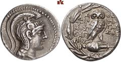 GRIECHISCHE MÜNZEN ATTICA. ATHEN. AR-Tetradrachme, Pyanopsion (= Oktober/November) 114 v. Chr.; 16,67 g. Athenakopf r. mit attischem Helm//In Kranz: Eule v. v. auf Amphore mit Ä. Thompson 658 f. Feine