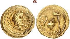 RÖMISCHE MÜNZEN IMPERATORISCHE PRÄGUNGEN. C. Julius Caesar, † 44 v. Chr. AV-Aureus, 46 v. Chr., Rom, A. Hirtius; 7,88 g. Vestakopf r. mit Schleier//Priestergeräte. Bab. 23; BMC 4052; Calicó 37; Crawf.