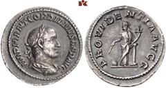 RÖMISCHE MÜNZEN MÜNZEN DER RÖMISCHEN KAISERZEIT. Gordianus II. Africanus, 238. AR-Denar, Rom; 3,22 g. Drapierte Büste r. mit Lorbeerkranz// Providentia steht l. mit Stab und Füllhorn an Säule gelehnt,