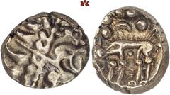 BRITANNIA. ICENI. AV-Stater, Typ "Norfolk Wolf", 50/20 v. Chr.; 5,66 g. Stilisierter Apollokopf r.//Wolf l., darüber Halbmond, in den Feldern Punkte und Kugeln. Rudd, Ancient British Coins 1399; Slg. 
