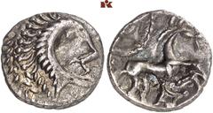 BRITANNIA. ICENI. AR-"Unit", Typ "Norfolk God", 10/40; 1,13 g. Kopf r.//Pferd r. Rudd, Ancient British Coins 1567; Slg. Flesche 73 (dies Exemplar); van Arsdell 792-1. Feine Patina, leichte Prägeschwäc