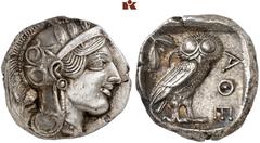 GRIECHISCHE MÜNZEN IN SCHÖNEN ERHALTUNGEN - DIE SAMMLUNG DR. GUY SYLVAIN PAUL BASTIN ATTICA. ATHEN. AR-Tetradrachme, um 440/420 v. Chr.; 17,20 g. Athenakopf r. mit attischem Helm//In Incusum: Eule r.,