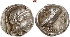GRIECHISCHE MÜNZEN IN SCHÖNEN ERHALTUNGEN - DIE SAMMLUNG DR. GUY SYLVAIN PAUL BASTIN ATTICA. ATHEN. AR-Tetradrachme, um 440/420 v. Chr.; 17,07 g. Athenakopf r. mit attischem Helm//In Incusum: Eule r.,