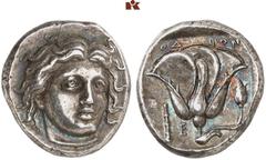 GRIECHISCHE MÜNZEN IN SCHÖNEN ERHALTUNGEN - DIE SAMMLUNG DR. GUY SYLVAIN PAUL BASTIN CARIA. RHODOS. AR-Didrachme, 340/316 v. Chr.; 6,86 g. Helioskopf fast v. v.//Rose, l. Keule und E. Ashton, The Coin