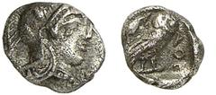 GRIECHISCHE MÜNZEN ATTICA ATHEN. AR-Hemiobol, 454/404 v. Chr.; 0,34 g. Athenakopf r. mit attischem Helm//In Incusum: Eule r., dahinter Olivenzweig. SNG München 83 ff. Sehr schön Aristophanes schreibt 