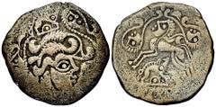 CELTIC COINS CELTIC COINS GALLIA OSISMII. B-Stater, 2./1. Jahrhundert v. Chr.; 6,31 g. Kopf r., von Perlschnüren mit Köpfen umgeben, oben Eber r.//Androkephales Pferd l., darüber Schnur mit Köpfen an 