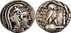 GREEK COINS GREEK COINS ATTICA ATHEN. AR-Tetradrachme, Hekatombaion (= Juli/August) 108 v. Chr.; 16,53 g. Athenakopf r. mit attischem Helm//In Kranz: Eule auf Amphore mit A v. v., r. Tyche. Thompson 7