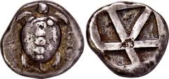 GREEK COINS GREEK COINS AEGINA AEGINA. AR-Stater, 470/440 v. Chr.; 12,34 g. Seeschildkröte//Fünffach geteiltes Incusum. Hoover 435; SNG Delepierre vergl. 1758 ff. Feine Patina, Graffiti auf dem Avers,