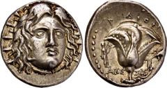 GREEK COINS GREEK COINS CARIA RHODOS. AR-Didrachme, 230/205 v. Chr.; Magistrat Akesis; 6,69 g. Helioskopf fast v. v.//Rose, l. Apollo mit Lyra. Ashton, The Coinage of Rhodes 222; SNG Keckman 567. Sehr