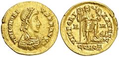 ROMAN COINS ROMAN COINS MÜNZEN DER RÖMISCHEN KAISERZEIT Honorius, 393-423. AV-Solidus, 404/408, Rom; 4,45 g. Drapierte Büste r. mit Perldiadem//Kaiser steht r. mit Standarte und Victoria auf Globus, F
