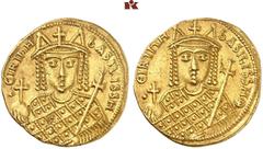 ANTIKE MÜNZEN AUS DER SAMMLUNG ANNEMARIE UND GERD KÖHLMOOS BYZANTINISCHE MÜNZEN. Irene, 797-802 AV-Solidus, 802, Constantinopolis; 4,44 g. Beiderseits drapierte Büste v. v. mit Krone, Kreuzglobus und 