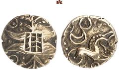 KELTISCHE & GRIECHISCHE MÜNZEN KELTISCHE MÜNZEN. BRITANNIA. ICENI AV-1/4 Stater, 45/40 v. Chr.; 1,07 g. Miteinander verwobene Kränze//Pferd r., darüber lächendes Gesicht. Rudd, Ancient British Coins 1