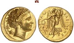 KELTISCHE & GRIECHISCHE MÜNZEN GRIECHISCHE MÜNZEN. SICILIA. SYRAKUS Pyrrhos, 278-276 v. Chr. AV-Hemistater, 278/275 v. Chr.; 4,28 g. Artemiskopf r., über der Schulter Köcher, dahinter Biene//Nike geht